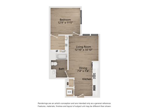 Floor plan for 1 bed, 1 bath, 701 sqft